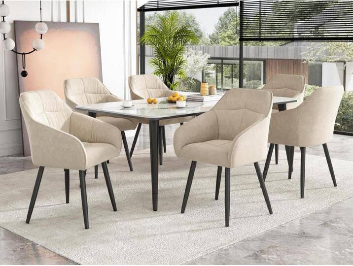Set aus 6 Samtstühlen mit Armlehnen – verstellbare Füße – Beige von Kauf-Unique Marketplace