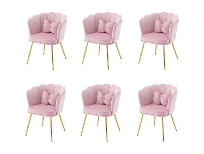 Set aus 6 Samtstühlen – mit blütenblattförmiger Rückenlehne – goldene Metallbeine – Rosa Set aus 6 Samtstühlen – mit blütenblattförmiger Rückenlehne – goldene Metallbeine – Rosa von Kauf-Unique Marketplace