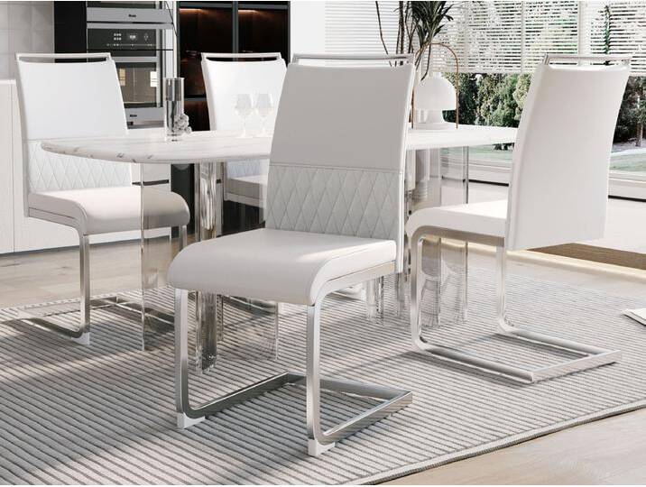 Set mit 4 Esszimmerstühlen – Leinen und PU-Leder – Metallbeine – Weiß – BLITZ Set mit 4 Esszimmerstühlen – Leinen und PU-Leder – Metallbeine – Weiß – BLITZ von Kauf-Unique Marketplace