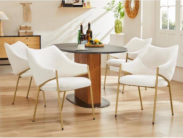 Set mit 4 Esszimmerstühlen mit Armlehnen – Sherpa-Stoff – moderner Stil – Beige von Kauf-Unique Marketplace