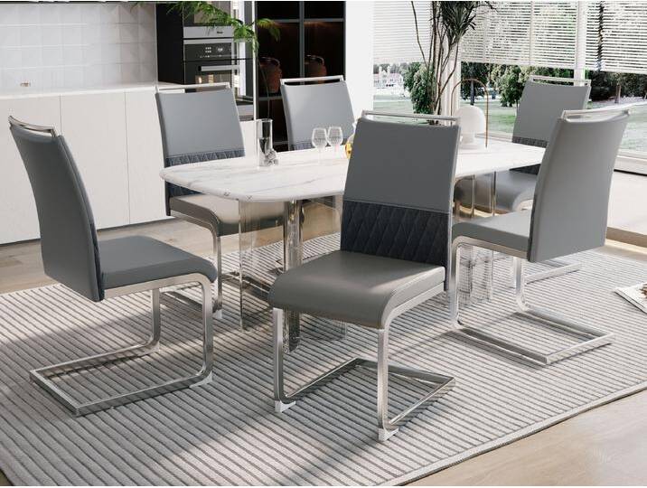 Set mit 6 Esszimmerstühlen – Leinen und PU-Leder – Metallbeine – Grau – BLITZ Set mit 6 Esszimmerstühlen – Leinen und PU-Leder – Metallbeine – Grau – BLITZ von Kauf-Unique Marketplace