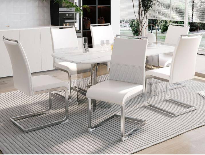 Set mit 6 Esszimmerstühlen – Leinen und PU-Leder – Metallbeine – Weiß – BLITZ Set mit 6 Esszimmerstühlen – Leinen und PU-Leder – Metallbeine – Weiß – BLITZ von Kauf-Unique Marketplace
