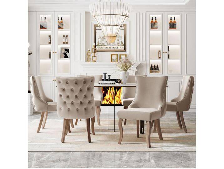 Set mit 6 Esszimmerstühlen – Samt und Massivholz – Rautenmuster mit hoher Rückenlehne – Beige von Kauf-Unique Marketplace