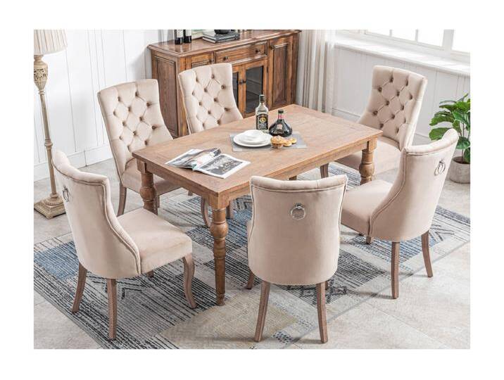 Set mit 6 Esszimmerstühlen – Samt und Massivholz – Rückenlehne mit Rautenmuster – Beige von Kauf-Unique Marketplace