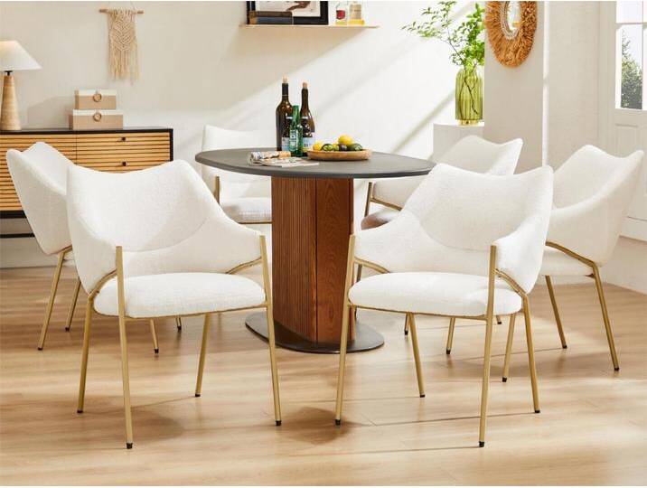 Set mit 6 Esszimmerstühlen mit Armlehnen – Sherpa-Stoff – moderner Stil – Beige Set mit 6 Esszimmerstühlen mit Armlehnen – Sherpa-Stoff – moderner Stil – Beige von Kauf-Unique Marketplace