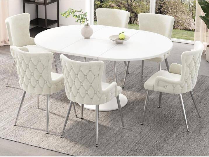 Set mit 6 Samtstühlen – silberne Metallbeine – Beige von Kauf-Unique Marketplace