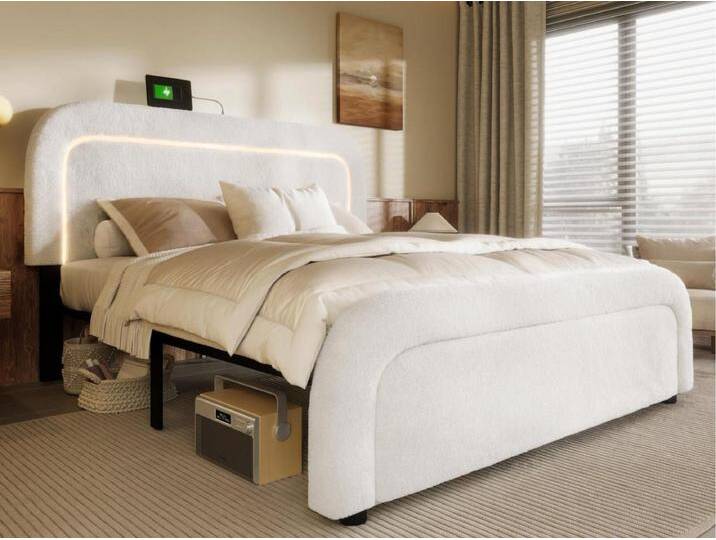 Sherpa-gepolstertes Doppelbett – 160 x 200 cm – mit LED und Ladeanschlüssen – Weiß von Kauf-Unique Marketplace
