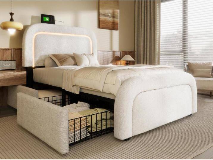 Sherpa-gepolstertes Einzelbett mit 2 Schubladen – 90 x 200 cm – mit LED und Ladeanschlüssen – Weiß Sherpa-gepolstertes Einzelbett mit 2 Schubladen – 90 x 200 cm – mit LED und Ladeanschlüssen – Weiß von Kauf-Unique Marketplace