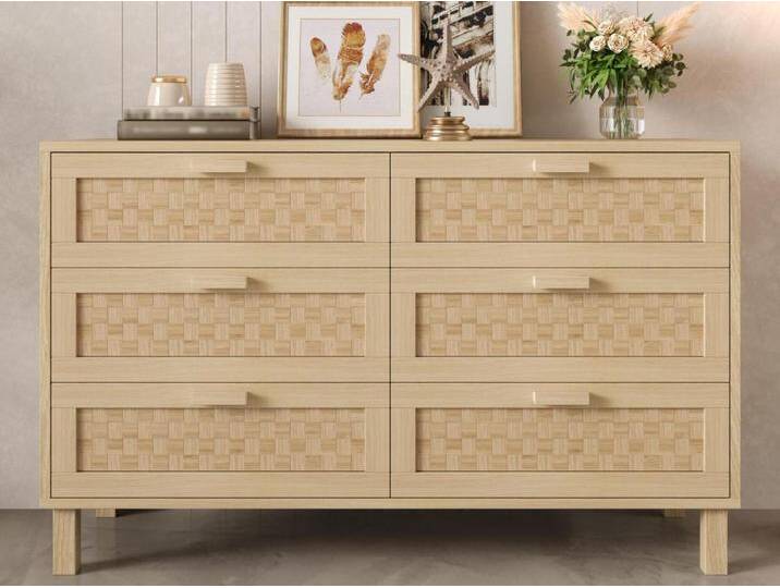 Sideboard 120×40×75 cm - mit 6 Schubladen - Rattan-Optik - Spanplatte - natur von Kauf-Unique Marketplace