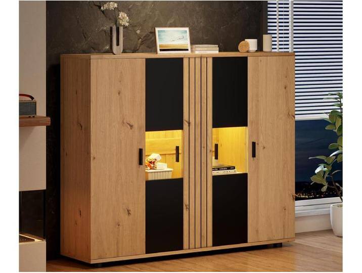 Sideboard 140×35×113 cm - mit LED-Beleuchtung - 4 Türen - höhenverstellbare Regale - natur + schwarz von Kauf-Unique Marketplace