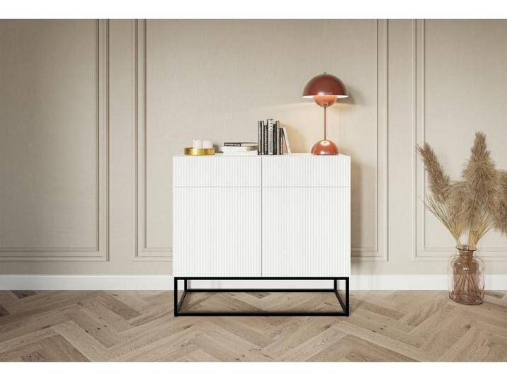 Sideboard 2-türig mit Schubladen - Weiß mit schwarzem Metallgestell - 100 cm - VELDIO von Kauf-Unique Marketplace