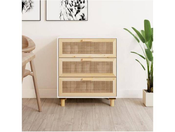 Sideboard Weiß Anrichte 60x30x70 cm Massivholz Kiefer und Natur-Rattan -RM77848 von Kauf-Unique Marketplace