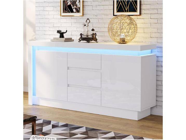 Sideboard in Weiß Hochglanz mit 3 Schubladen – Sideboard mit 2 Türen und LED-Beleuchtung – verstellbare Regale von Kauf-Unique Marketplace