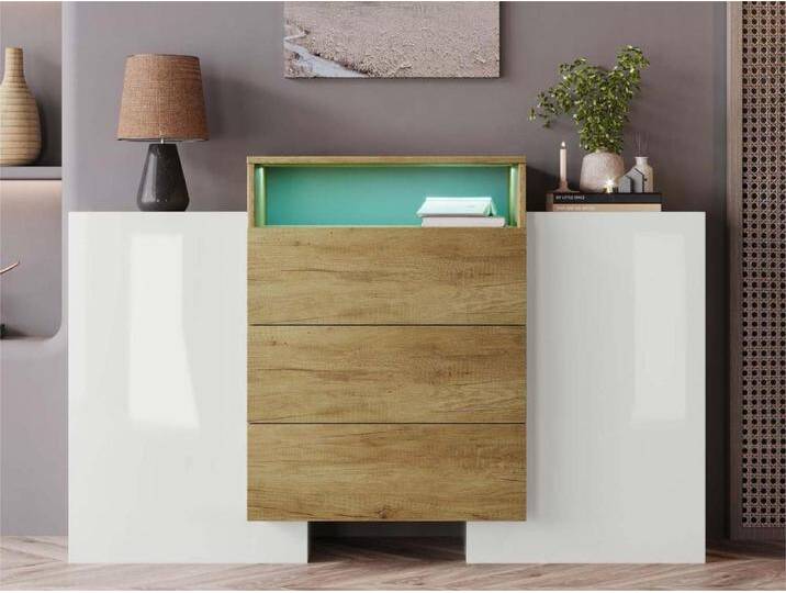 Sideboard mit 2 Türen 3 Schubladen und LED – für Wohn- und Schlafzimmer – Natur & Weiß von Kauf-Unique Marketplace