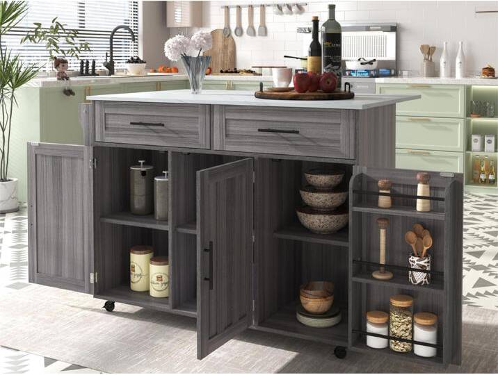 Sideboard mit 3 Türen und 2 Schubladen – Verlängerungsplatte aus weißem Marmor – 5 Rollen / Beine aus Massivholz – Grau von Kauf-Unique Marketplace