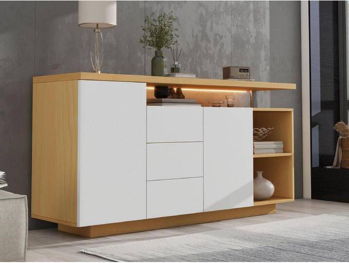 Sideboard mit LED-Beleuchtung – 2 Türen, 3 Schubladen, 2 Nischen – Natur & Weiß von Kauf-Unique Marketplace
