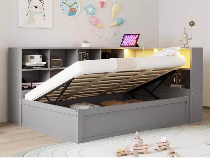 Sofa-Bett mit Stauraum 90x200 cm - mit Steckdose und Staufach - mit Lichtleiste - grau (ohne Matratze) von Kauf-Unique Marketplace