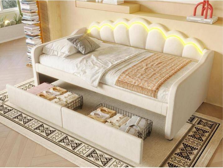 Sofabett 90x200 cm - mit LED-Beleuchtung - mit 2 Schubladen - Samt - beige (ohne Matratze) von Kauf-Unique Marketplace
