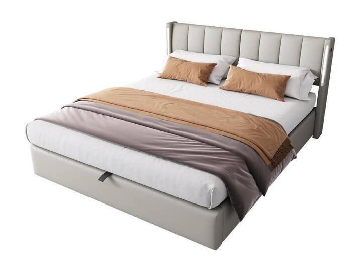 Softback-Bett grau 180 x 200 cm, aufladbarer USB-Anschluss am Bett mit LED-Beleuchtung und Stauraum, verstellbares Kopfteil von Kauf-Unique Marketplace