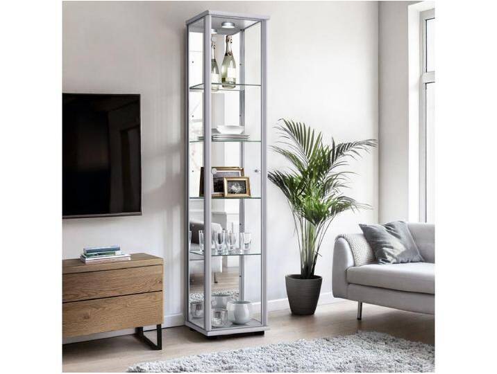 Standvitrine mit 1 Tür, 4 Höhenverstellbaren Glasböden & Spiegel - Mit LED-Beleuchtung- 176x37x33 cm - Silberfarben von Kauf-Unique Marketplace
