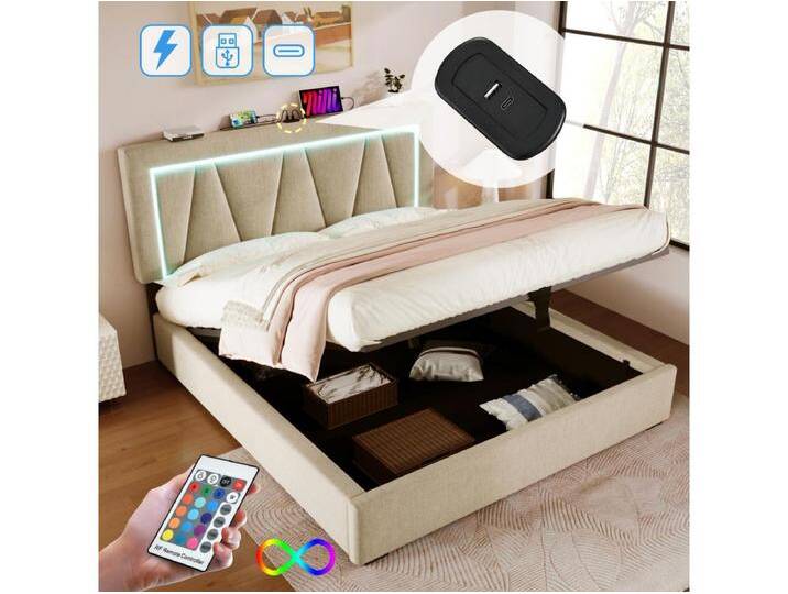 Stauraumbett 140 x 200 cm für Erwachsene – USB + Typ C + LEDs – Leinenstoff – Beige von Kauf-Unique Marketplace