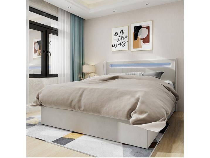 Stauraumbett 160 x 200 cm – Erwachsenenbett mit LED-Beleuchtung und Lattenrost – beiger Samt – Matratze nicht enthalten von Kauf-Unique Marketplace