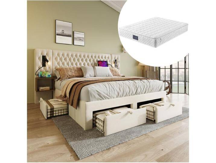 Stauraumbett - 160 x 200 cm - mit 2 Nachttischen + 4 Schubladen + Kopfteillampe - Samt - Beige (mit Matratze) von Kauf-Unique Marketplace