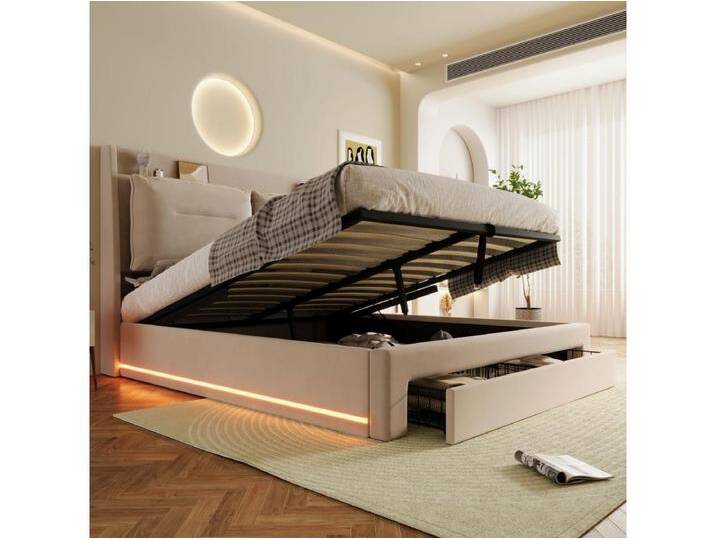 Stauraumbett 160 x 200 cm mit Kopfteil und 2 Schubladen - LEDs - Samt - Beige (ohne Matratze) von Kauf-Unique Marketplace