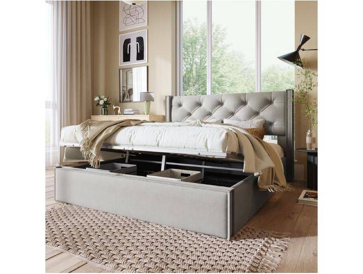 Stauraumbett 160 x 200 cm mit Stauraum – Erwachsenenbett – Baumwollstoff – Hellgrau von Kauf-Unique Marketplace