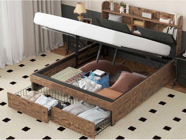 Stauraumbett 160 x 200 cm mit Stauraum-Kopfteil – Holz + Metall – Schwarz + Braun von Kauf-Unique Marketplace