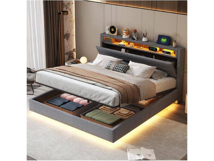 Stauraumbett 160 x 200 cm mit Stauraumkopfteil und Fächern - LEDs und USB-Steckdose - Leinenstoff - Grau Stauraumbett 160 x 200 cm mit Stauraumkopfteil und Fächern - LEDs und USB-Steckdose - Leinenstoff - Grau von Kauf-Unique Marketplace