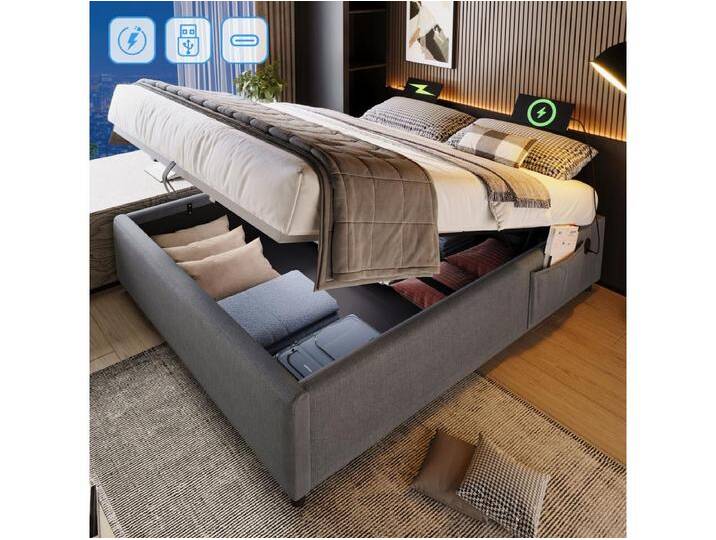Stauraumbett 160 x 200 cm ohne Kopfteil – 2 Seitentaschen und USB + Typ-C-Steckdosen – Baumwollstoff – Grau (ohne Matratze) von Kauf-Unique Marketplace