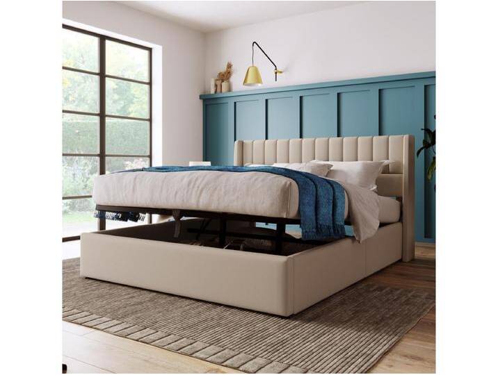 Stauraumbett 180 x 200 cm - Erwachsenenbett mit gepolsterter Rückenlehne - beiges leinen - ohne matratze von Kauf-Unique Marketplace