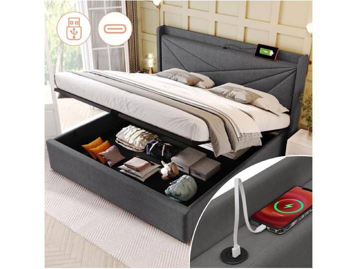 Stauraumbett 180 x 200 cm mit Kopfteil – USB + Typ C – Leinenstoff – Grau von Kauf-Unique Marketplace