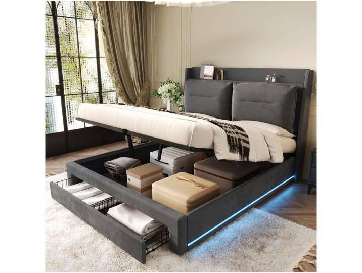 Stauraumbett 180 x 200 cm mit Kopfteil und 2 Schubladen - LEDs - Samt - Dunkelgrau (ohne Matratze) von Kauf-Unique Marketplace