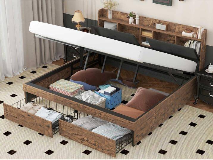Stauraumbett 180 x 200 cm mit Stauraum-Kopfteil – Holz + Metall – Schwarz + Braun Stauraumbett 180 x 200 cm mit Stauraum-Kopfteil – Holz + Metall – Schwarz + Braun von Kauf-Unique Marketplace