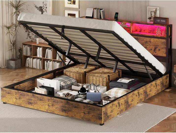 Stauraumbett 180 x 200 cm mit Stauraum-Kopfteil und USB-Anschluss – LEDs – Metall und MDF – Braun von Kauf-Unique Marketplace