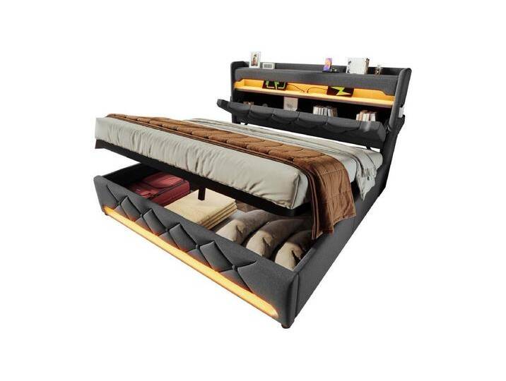 Stauraumbett 180x200 cm + Matratze, mit gepolstertem Kopfteil, LED, USB und Type-C-Anschluss - Leinen - Grau von Kauf-Unique Marketplace