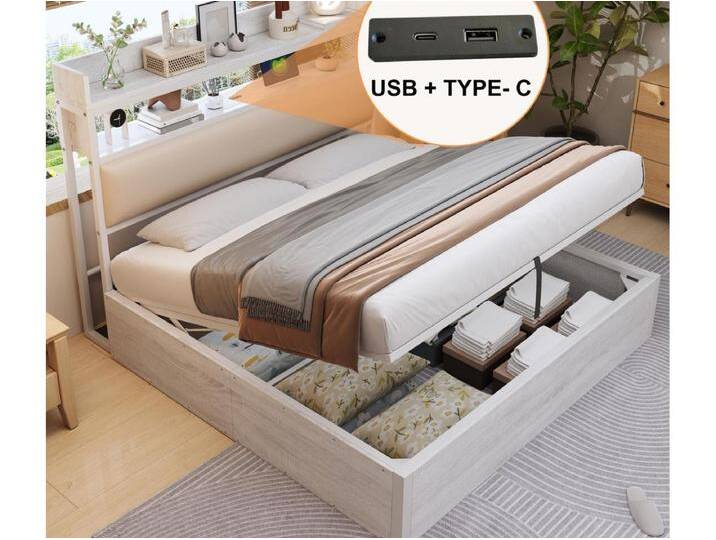 Stauraumbett 180x200 cm - mit USB-Anschluss und Regalen - Weiß (Matratze nicht im Lieferumfang enthalten) von Kauf-Unique Marketplace