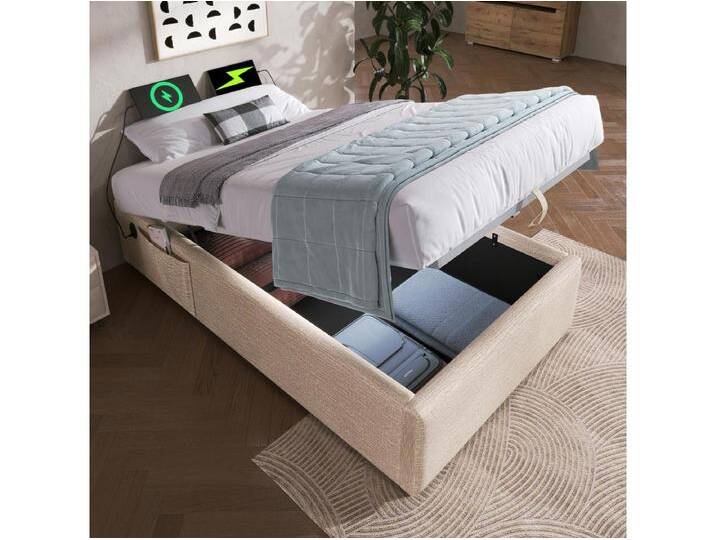 Stauraumbett 90 x 190 cm ohne Kopfteil – 2 Seitentaschen und USB + Typ-C-Steckdosen – Leinenstoff – Beige (ohne Matratze) von Kauf-Unique Marketplace