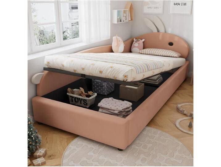 Stauraumbett 90 x 200 cm - Einzelbett mit Kaninchenkopfteil und linkem Seitenteil - rosa Samt von Kauf-Unique Marketplace