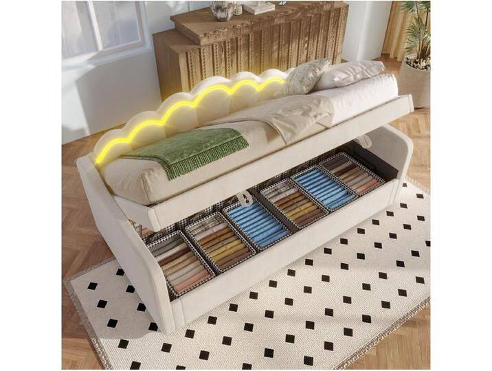 Stauraumbett - 90 x 200 cm - Schlafsofa mit LEDs - ohne Matratze - Samt + MDF - Beige von Kauf-Unique Marketplace
