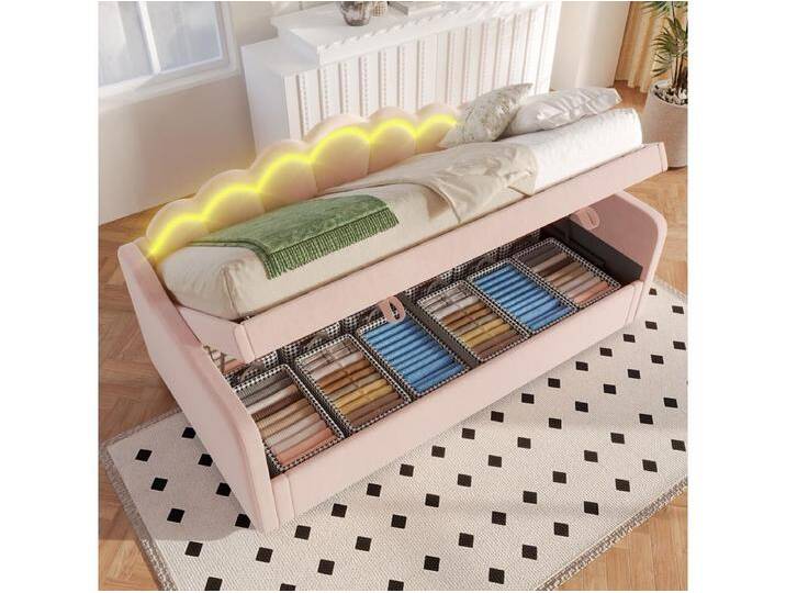 Stauraumbett - 90 x 200 cm - Schlafsofa mit LEDs - ohne Matratze - Samt + MDF - rosa von Kauf-Unique Marketplace