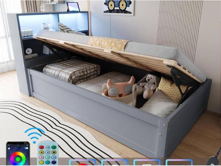 Stauraumbett 90x200 cm - Mit Steckdose - Mit Stauraumfach - Mit LED-Beleuchtung - Grau (ohne Matratze) von Kauf-Unique Marketplace