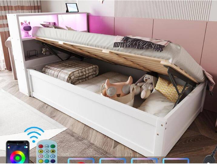 Stauraumbett 90x200 cm - Mit Steckdose - Mit Stauraumfach - Mit LED-Beleuchtung - Weiß (ohne Matratze) von Kauf-Unique Marketplace