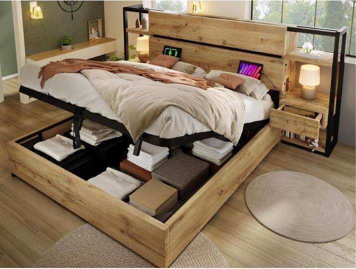 Stauraumbett für Erwachsene 160x200cm aus Holz - mit USB- und Typ-C-Ladeanschluss - mit 2 Schubladen - mit Lattenrost - Natur Stauraumbett für Erwachsene 160x200cm aus Holz - mit USB- und Typ-C-Ladeanschluss - mit 2 Schubladen - mit Lattenrost - Natur von Kauf-Unique Marketplace