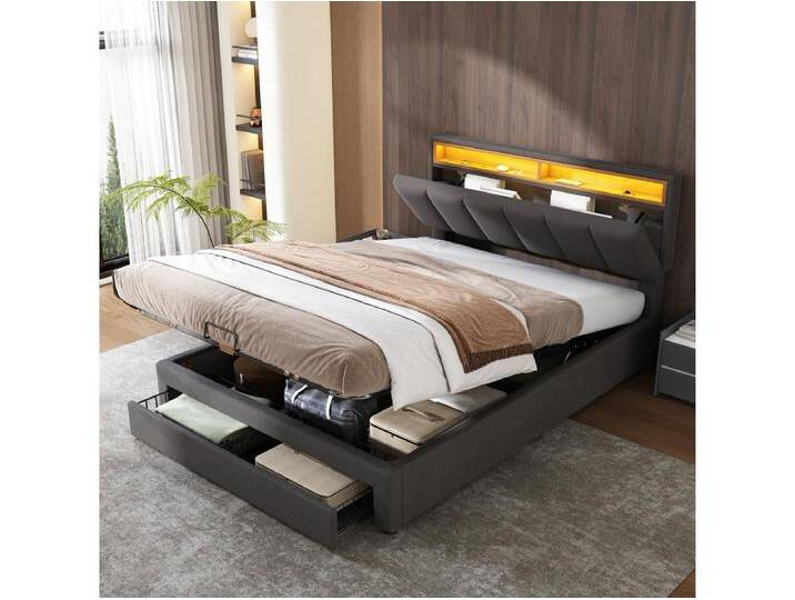 Stauraumbett mit 2 Schubladen und einziehbarem Kopfteil – 140 x 200 cm – LEDs – Stahl und Leinen – für Erwachsene – Grau von Kauf-Unique Marketplace