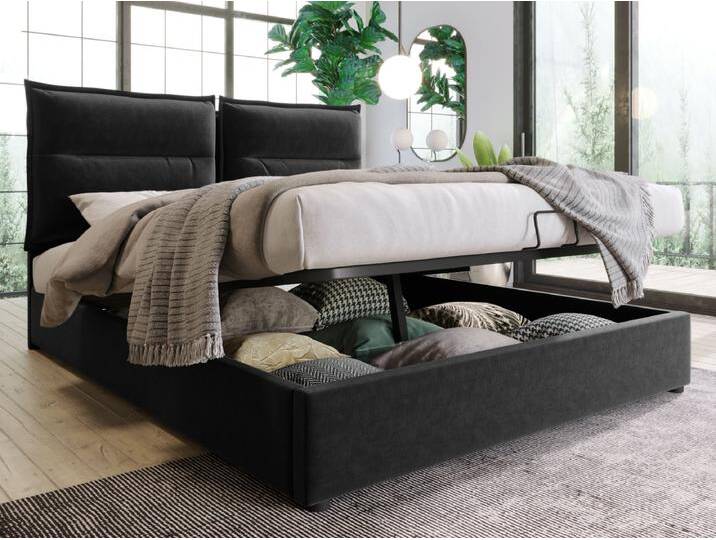 Stauraumbett mit Kopfteil – 140 x 200 cm – Samtstoff – Lattenrost – Schwarz von Kauf-Unique Marketplace