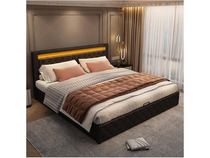 Stauraumbett mit Kopfteil – 180 x 200 cm – PU-Leder – LEDs – Lattenrost – Schwarz von Kauf-Unique Marketplace