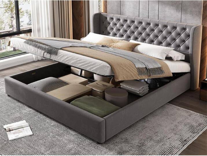 Stauraumbett mit Kopfteil – 180 x 200 cm – Samt – Lattenrost – moderner Stil – Grau von Kauf-Unique Marketplace